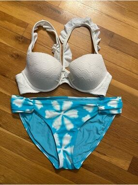 aerie White Ruffle Strap Bikini Top with Blue Tie-Dye Bottoms